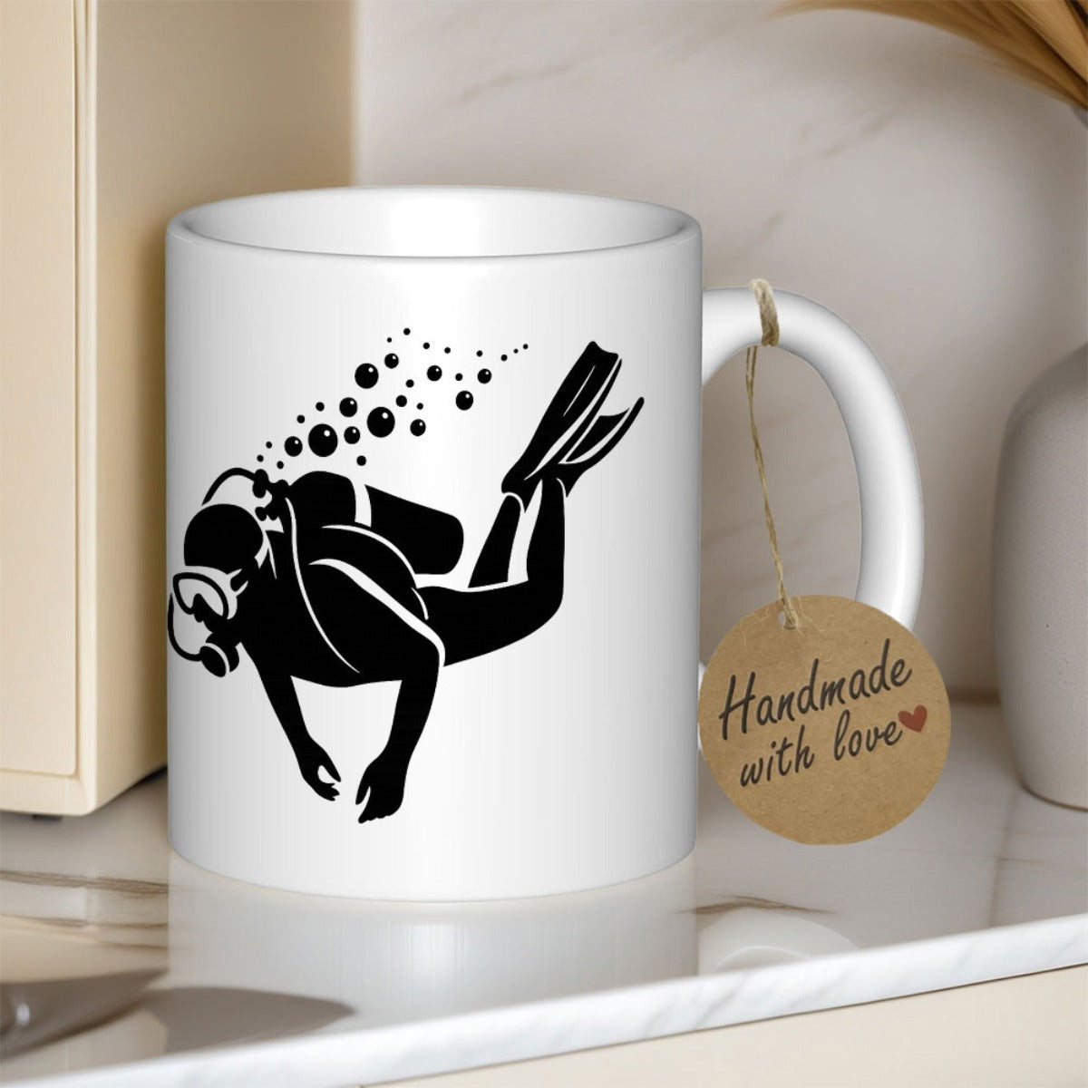 Tailorly White Ceramic 11 oz Mug - Deep Sea Exploration Under Ocean Waves With Bubbles Floating Above Diver