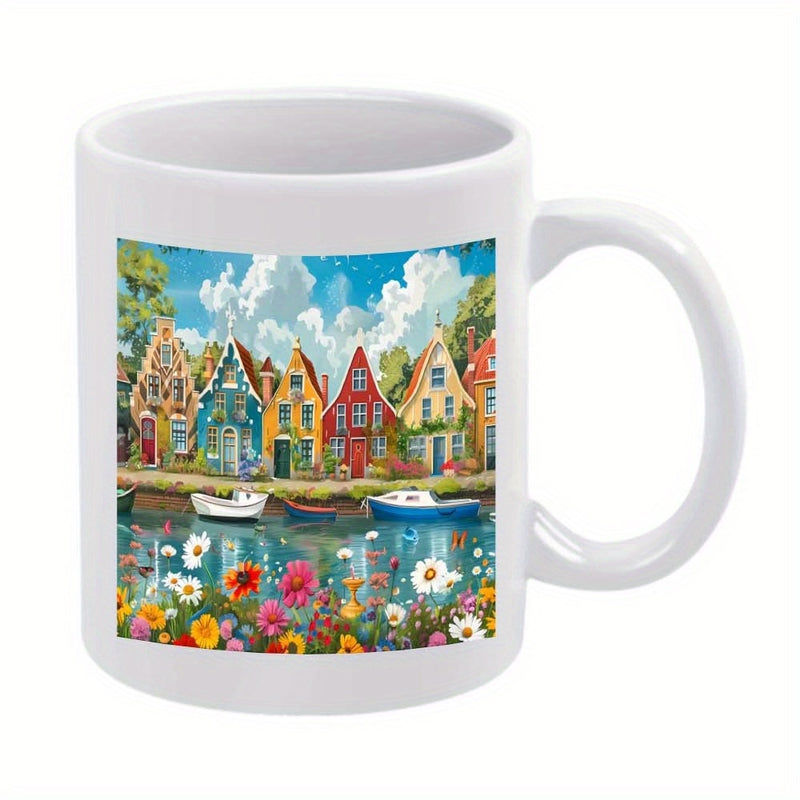 Tailorly White Ceramic 11 oz Mug - Colorful European Houses Reflecting On River Water With Vibrant Blooming Flowers Landscape