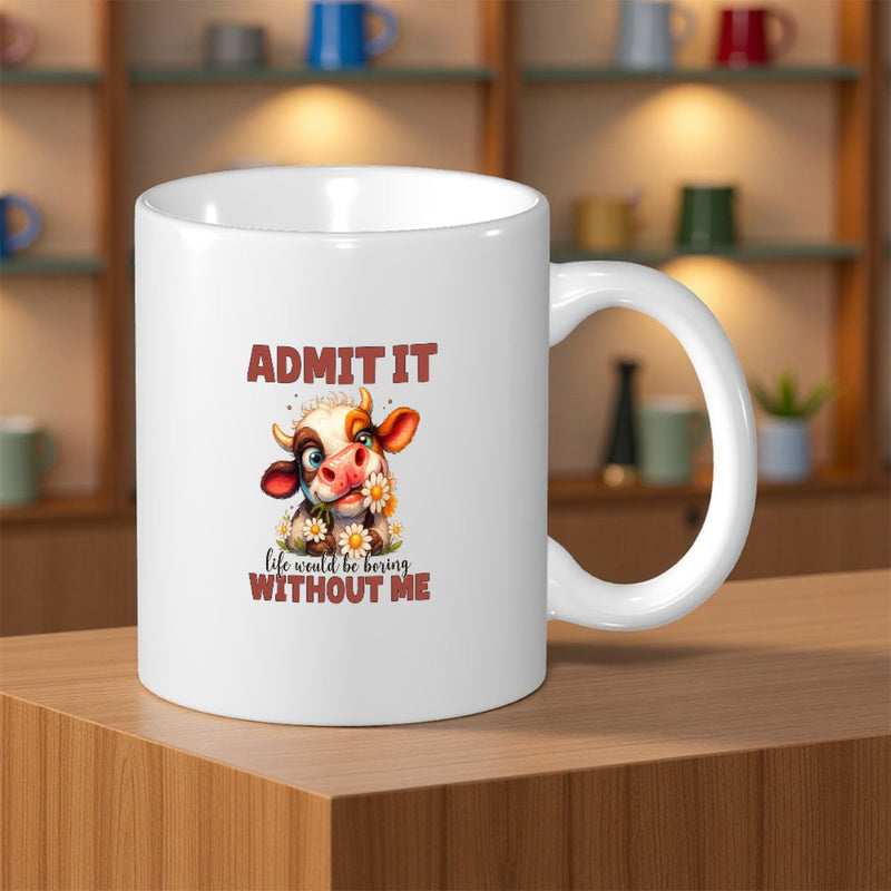 Tailorly White Ceramic 11 oz Mug - Admit It Life Would Be Boring Without Me Adorable Cartoon Calf With Daisies Smiling Amidst Soft Pastels Vibrant Cow