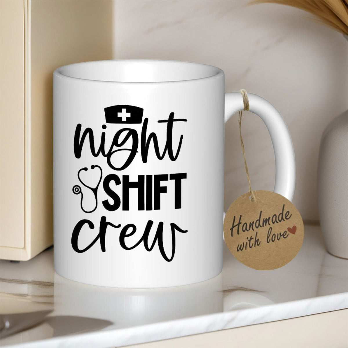 Tailorly White Ceramic 11 oz Mug - Night Shift Crew Medical Profession Symbols On White Ceramic Minimalist Coffee Mug