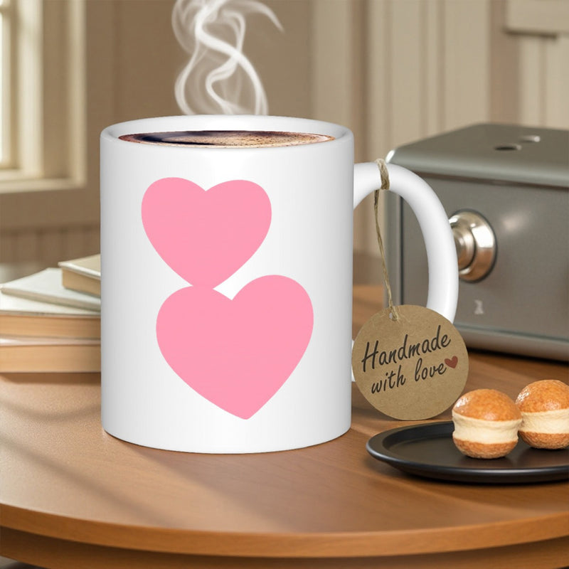 Tailorly White Ceramic 11 oz Mug - Handmade With Love Two Simple Pink Hearts On A Clean
