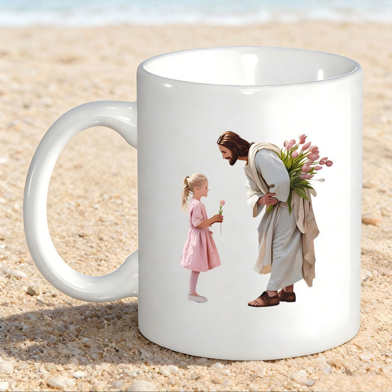 Tailorly White Ceramic 11 oz Mug - Compassionate Savior Holding Pink Flowers Behind Back Meeting Little Child Jesus