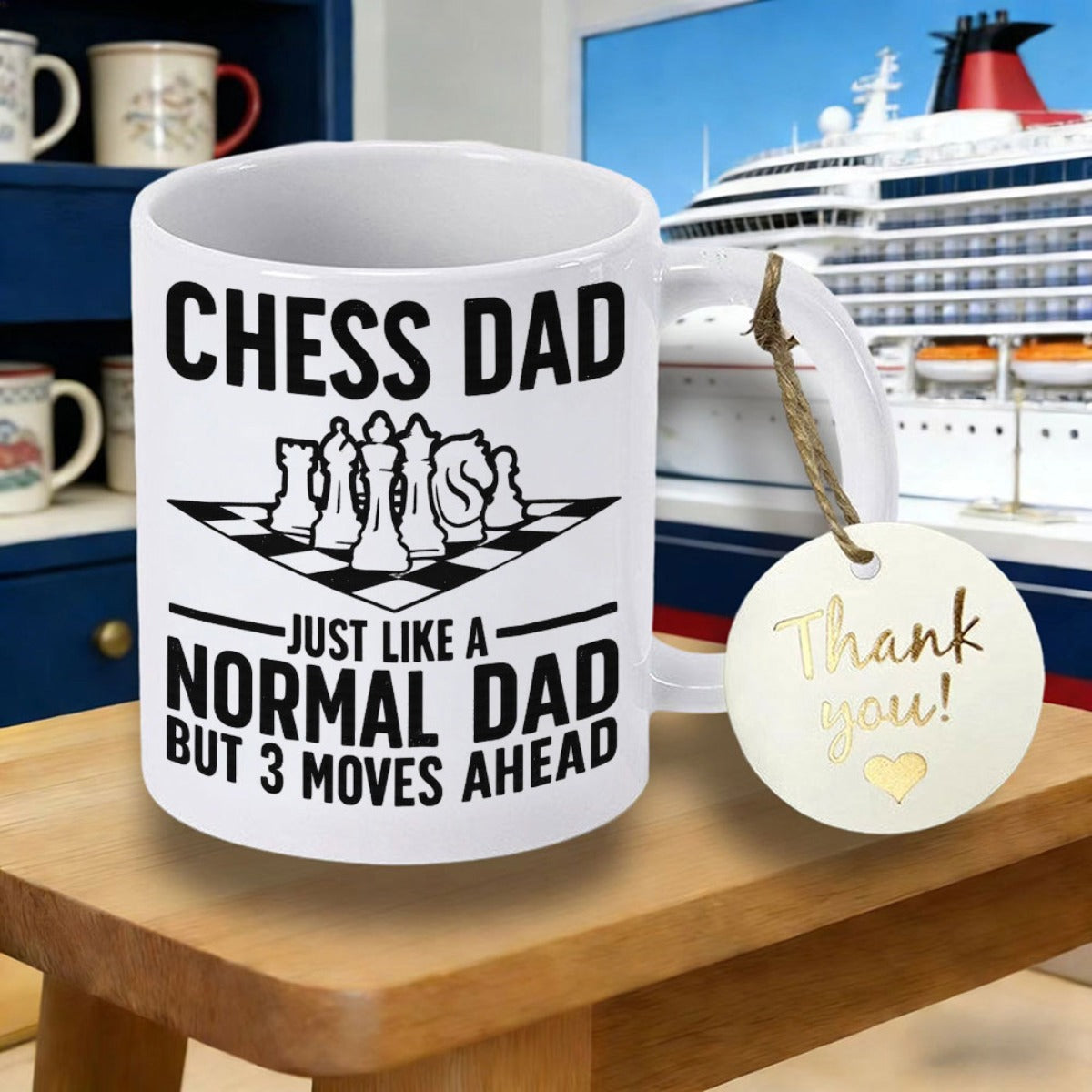 Tailorly White Ceramic 11 oz Mug - Chess Dad Just Like A Normal Dad But 3 Moves Ahead Iconic Chess Pieces Arranged On A Perspective Grid Pattern Chessboard