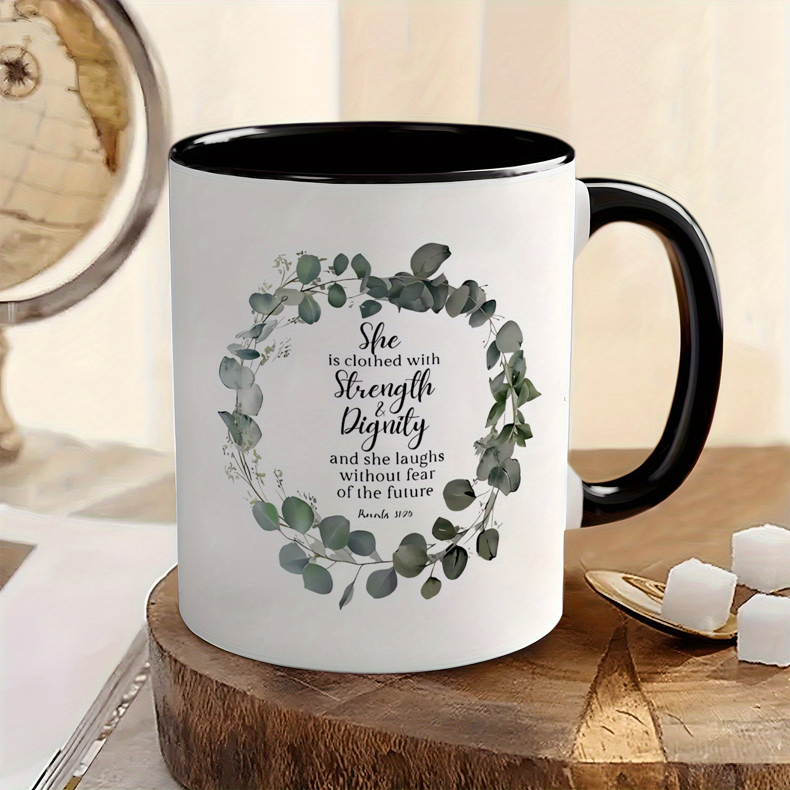 Tailorly Black Accent 11 oz Mug - sophisticated greenery wreath and motivational quote