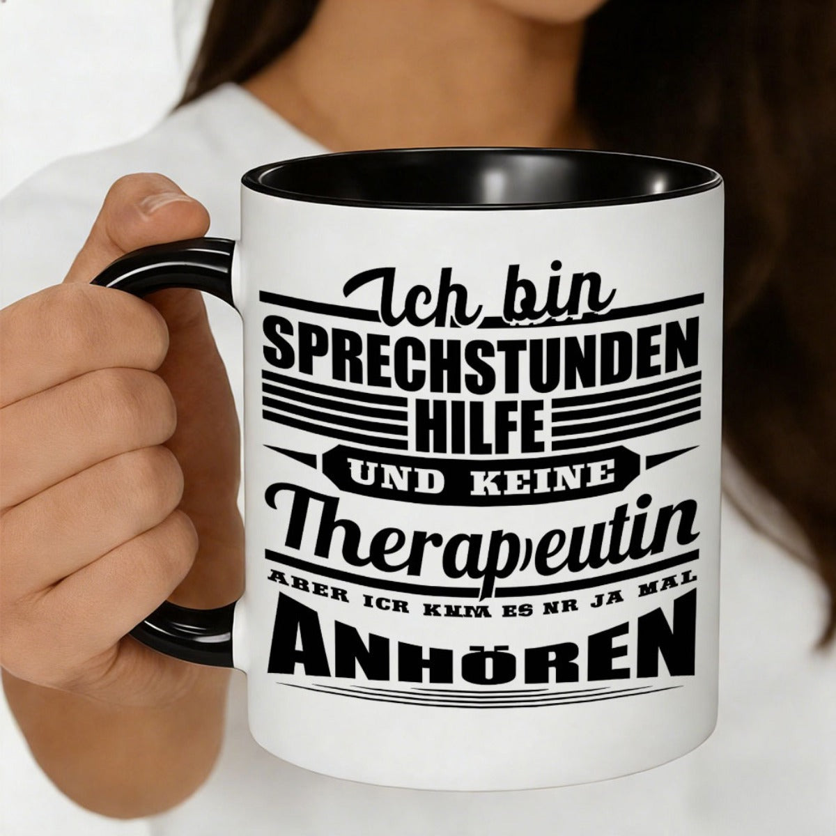 Tailorly Black Accent 11 oz Mug - i not a therapist but i listen german quote for the office black and white design
