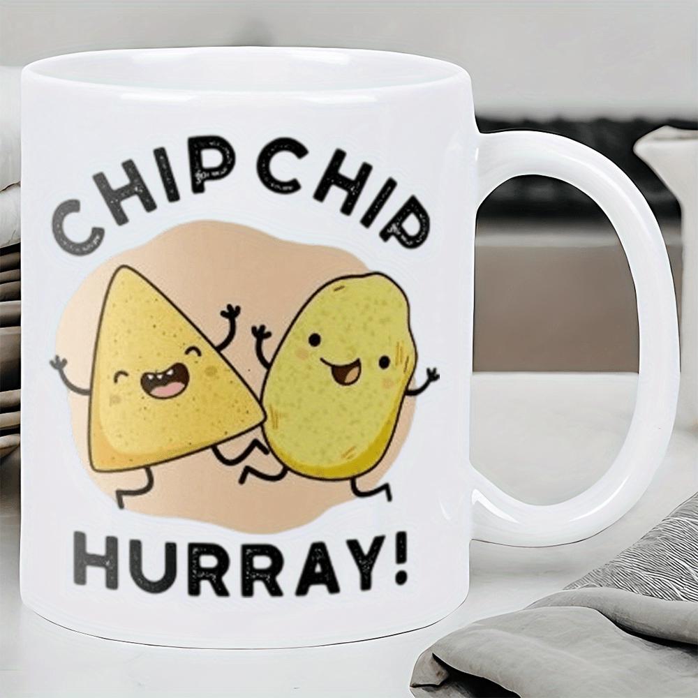 Tailorly White Ceramic 11 oz Mug - Chip Chip Hurray Cute Cartoon Tortilla And Potato Dancing Happily Together On A Plain Background Snack