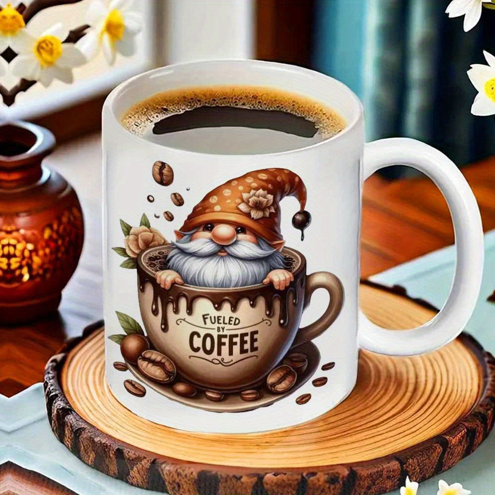 Tailorly White Ceramic 11 oz Mug - Fueled By Coffee Charming Garden Gnome Sitting Inside Mug Among Roasted Coffee Beans Gnome