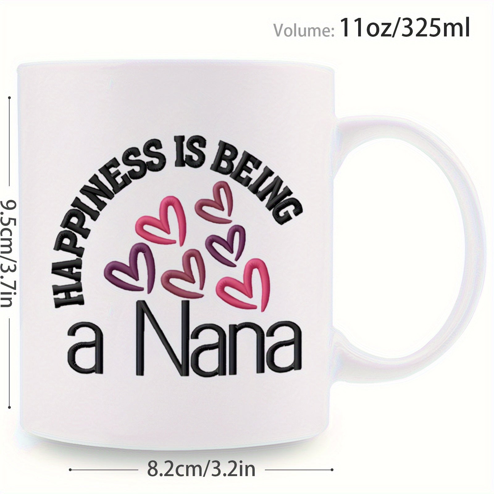 Tailorly White Ceramic 11 oz Mug - Happiness Is Being A Nana Tender Hand Drawn Hearts With Pink And Purple Outline Colors Heart