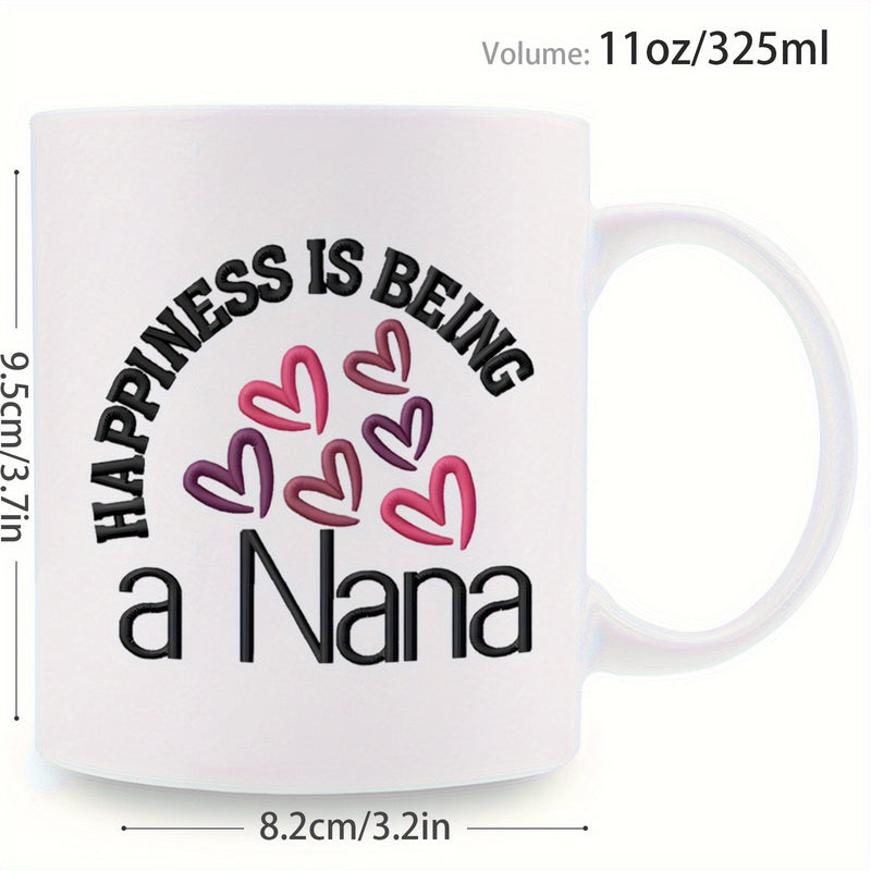 Tailorly White Ceramic 11 oz Mug - Happiness Is Being A Nana Tender Hand Drawn Hearts With Pink And Purple Outline Colors Heart