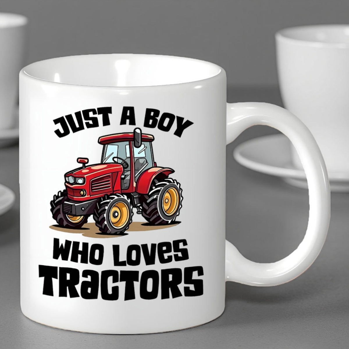 Tailorly White Ceramic 11 oz Mug - Just A Boy Who Loves Tractors Powerful Red Farming Machine Featuring Massive Rugged Wheels In Cartoon Style Tractor