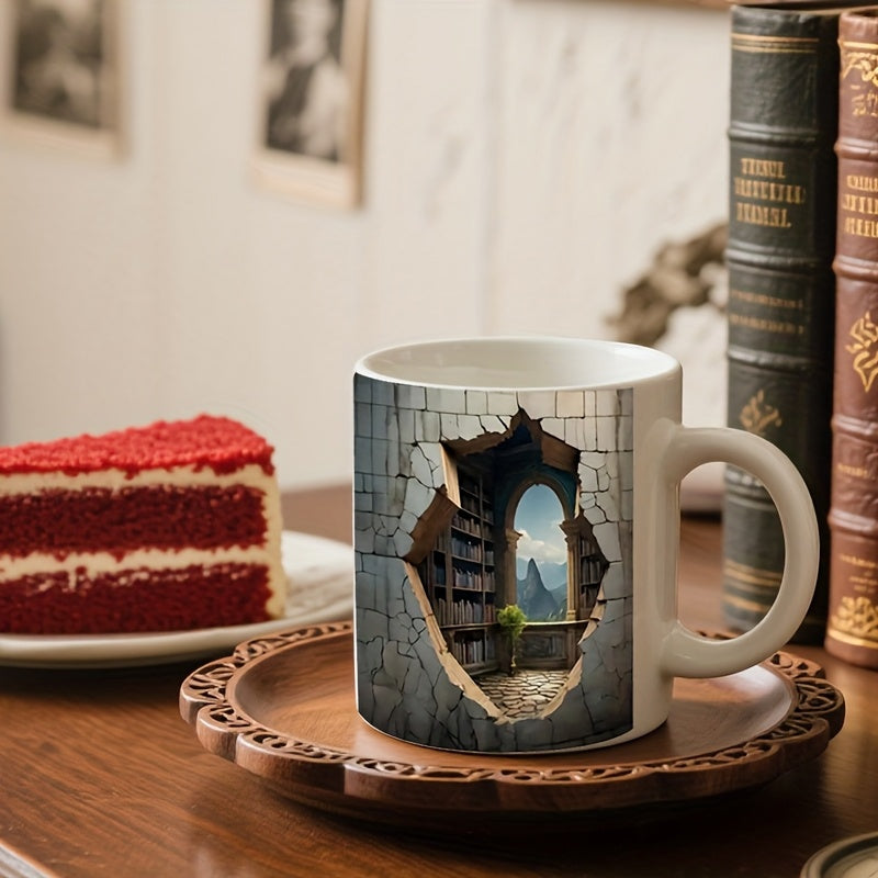 Tailorly White Ceramic 11 oz Mug - Stone Texture Broken Wall Revealing Ancient Library With Scenic Mountain Landscape
