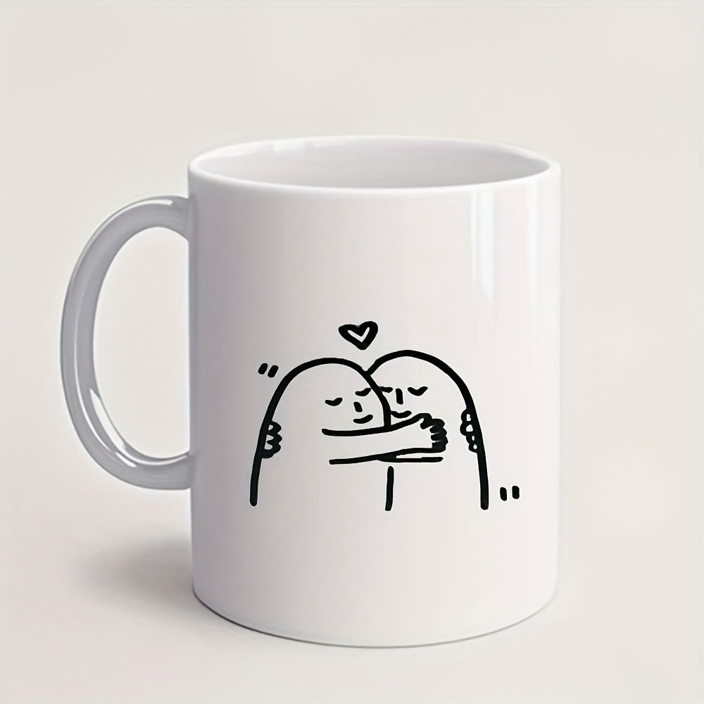 Tailorly White Ceramic 11 oz Mug - Minimalist Black Line Art Sketch Of Two Cute Humanoid Figures Embracing Hug