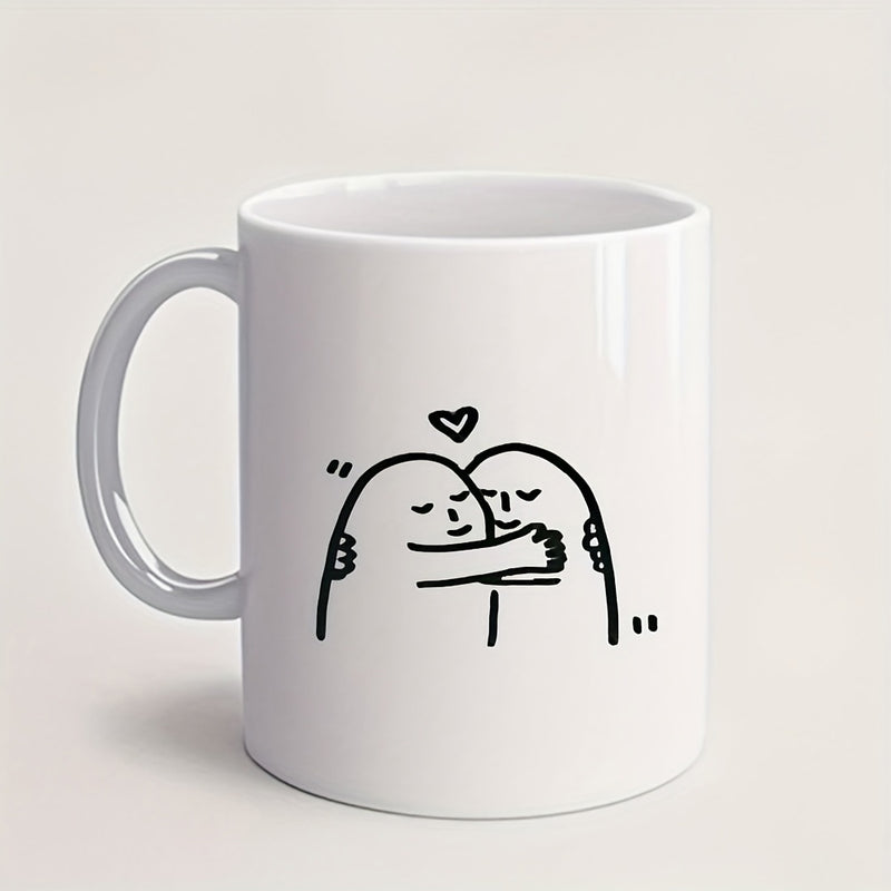 Tailorly White Ceramic 11 oz Mug - Minimalist Black Line Art Sketch Of Two Cute Humanoid Figures Embracing Hug