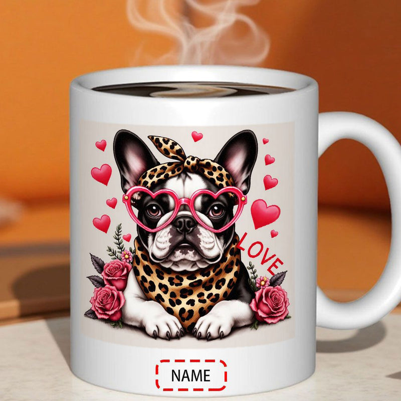 Tailorly White Ceramic 11 oz Mug - Love Name Cute French Bulldog Wearing Leopard Accessories And Pink Heart Glasses Dog