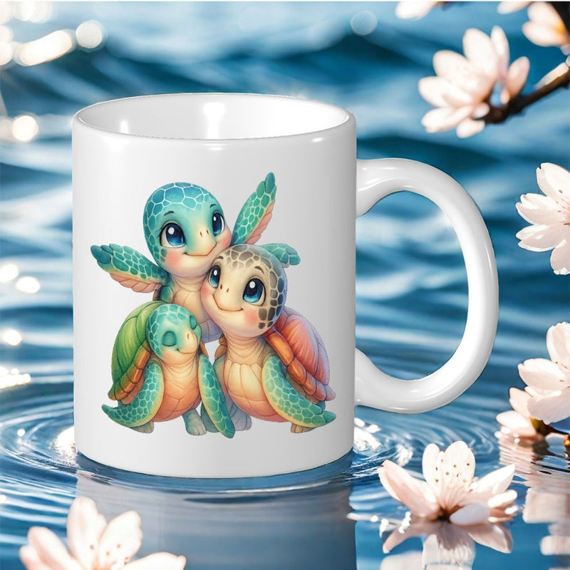 Tailorly White Ceramic 11 oz Mug - Cute Baby Sea Turtles Embracing Amidst Soft Ripples And White Flowers Turtle