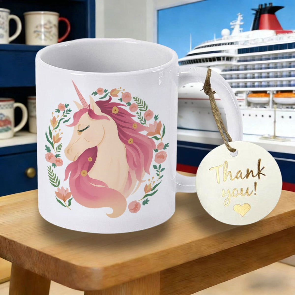 Tailorly White Ceramic 11 oz Mug - Elegant Pink Mane With Blossoming Flowers Within A Decorative Botanical Wreath Unicorn