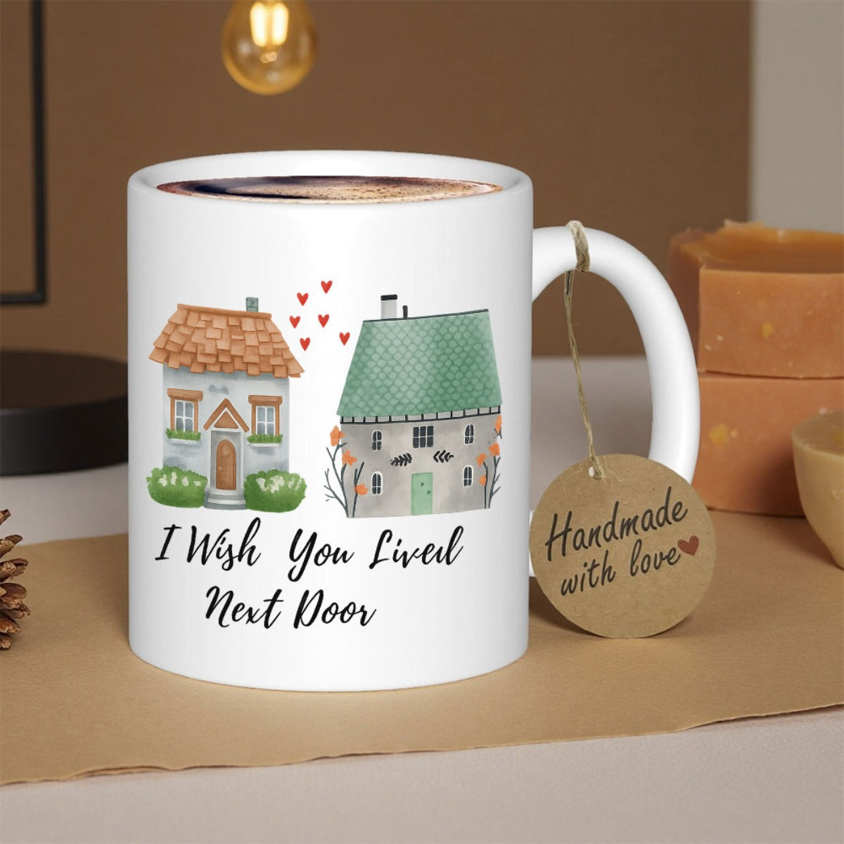 Tailorly White Ceramic 11 oz Mug - I Wish You Lived Next Door Charming Watercolor Cottages Standing Together With Small Red Floating Hearts House
