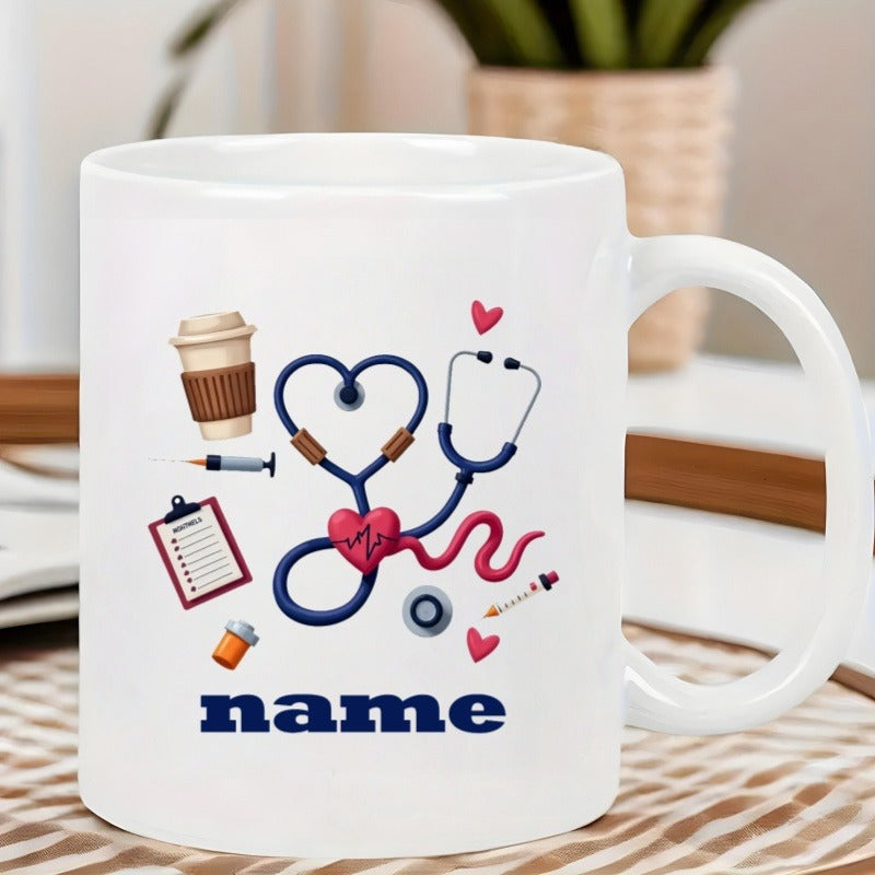 Tailorly White Ceramic 11 oz Mug - Name Medical Icons Featuring Heart Shaped Stethoscope And Coffee Cup Stethoscope