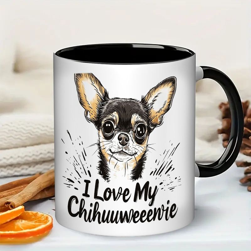 Tailorly Black Accent 11 oz Mug - i love my chihuahua text， cute chihuahua illustration