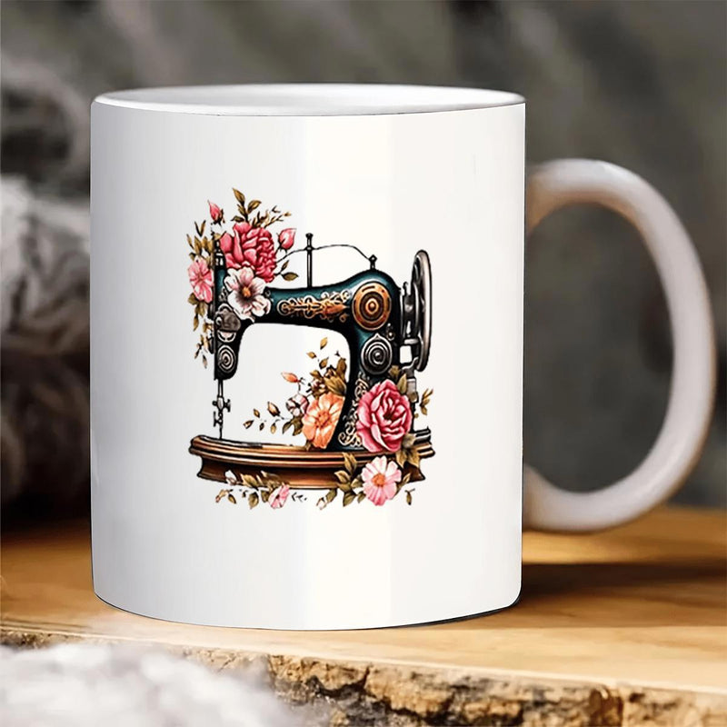 Tailorly White Ceramic 11 oz Mug - Vintage Antique Manual Design Adorned With Elegant Pink Blooming Roses Sewing Machine