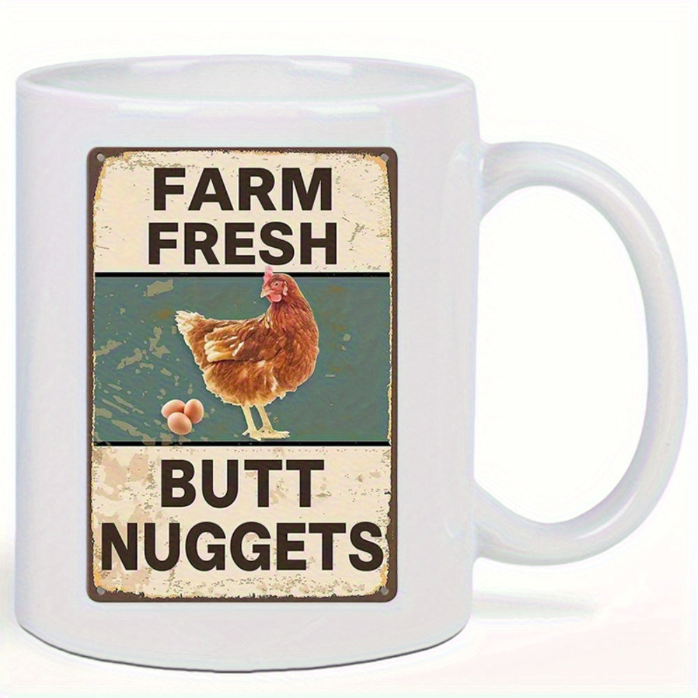 Tailorly White Ceramic 11 oz Mug - Farm Fresh Butt Nuggets Vintage Weathered Sign With A Brown Hen Standing Over Eggs Chicken
