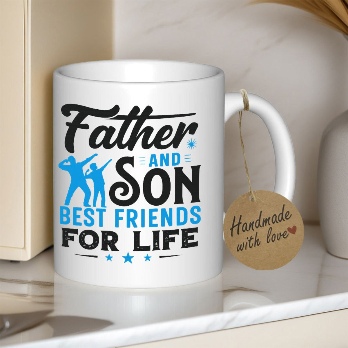 Tailorly White Ceramic 11 oz Mug - Father And Son Best Friends For Life Meaningful Family Bonding Expressed Through Stylized Blue Dabbing Figures Simple Silhouette