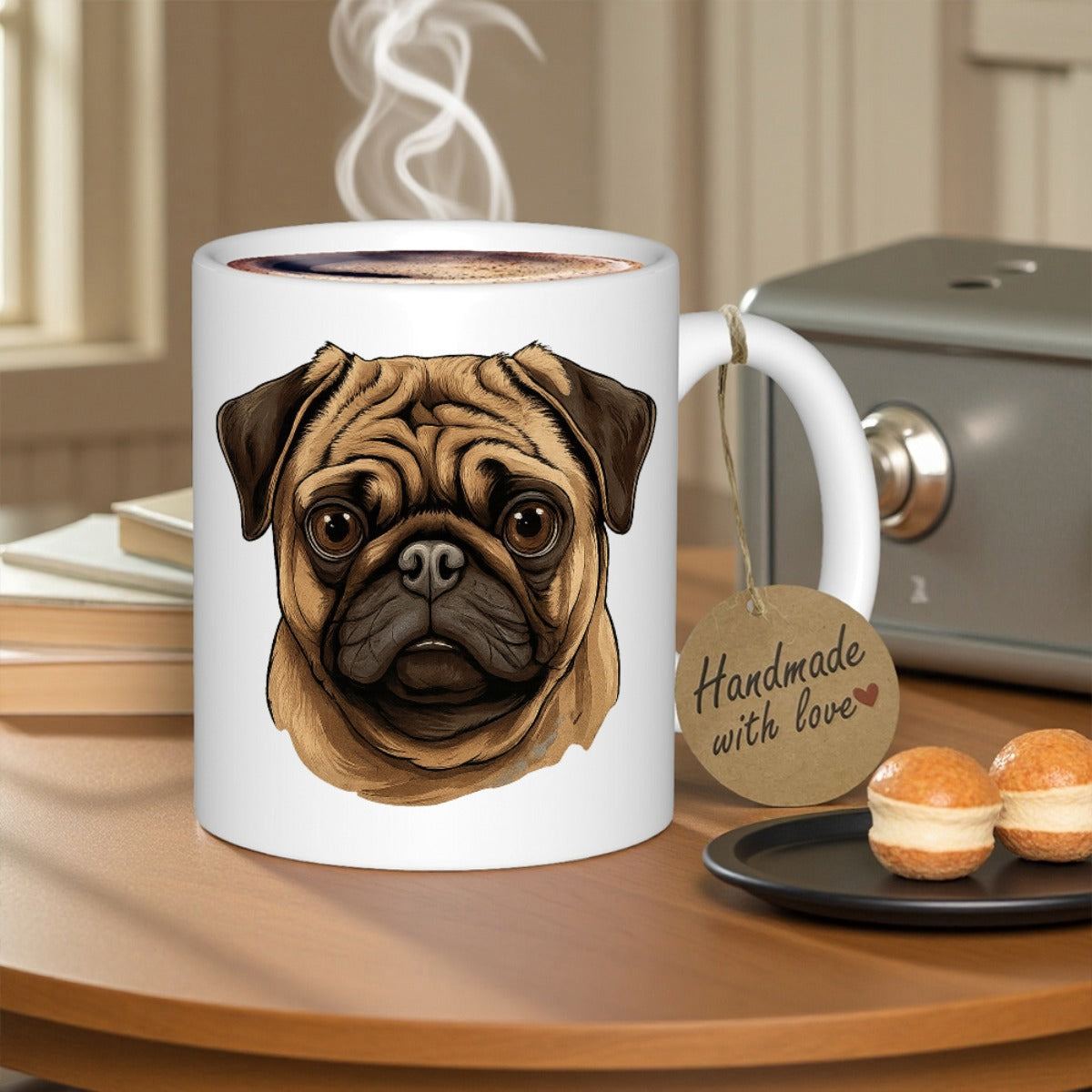 Tailorly White Ceramic 11 oz Mug - Handmade With Love Detailed Illustration Of A Cute Pug Face With Wrinkles And Brown Eyes Pug