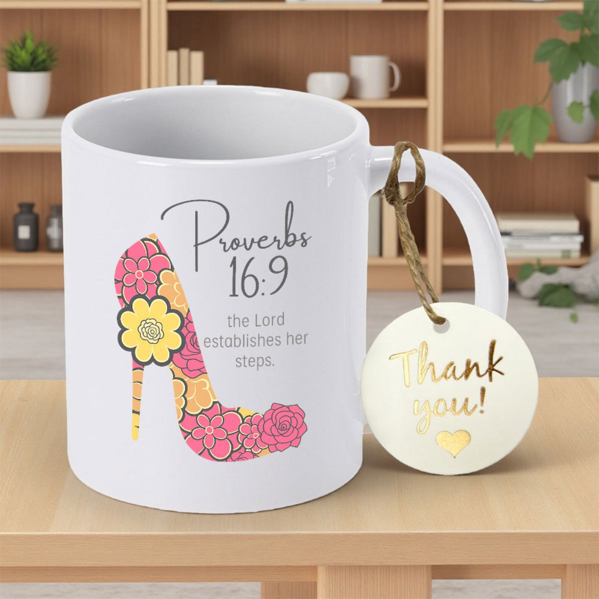 Tailorly White Ceramic 11 oz Mug - Proverbs 16 9 The Lord Establishes Her Steps Vibrant Floral Patterned Stiletto Surrounded By Delicate Garden Blossoms Shoe