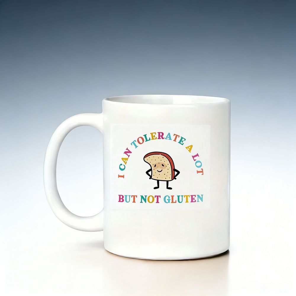 Tailorly White Ceramic 11 oz Mug - I Can Tolerate A Lot But Not Gluten Cheerful Cartoon Sliced Toast With Arms And Legs Smiling Bread