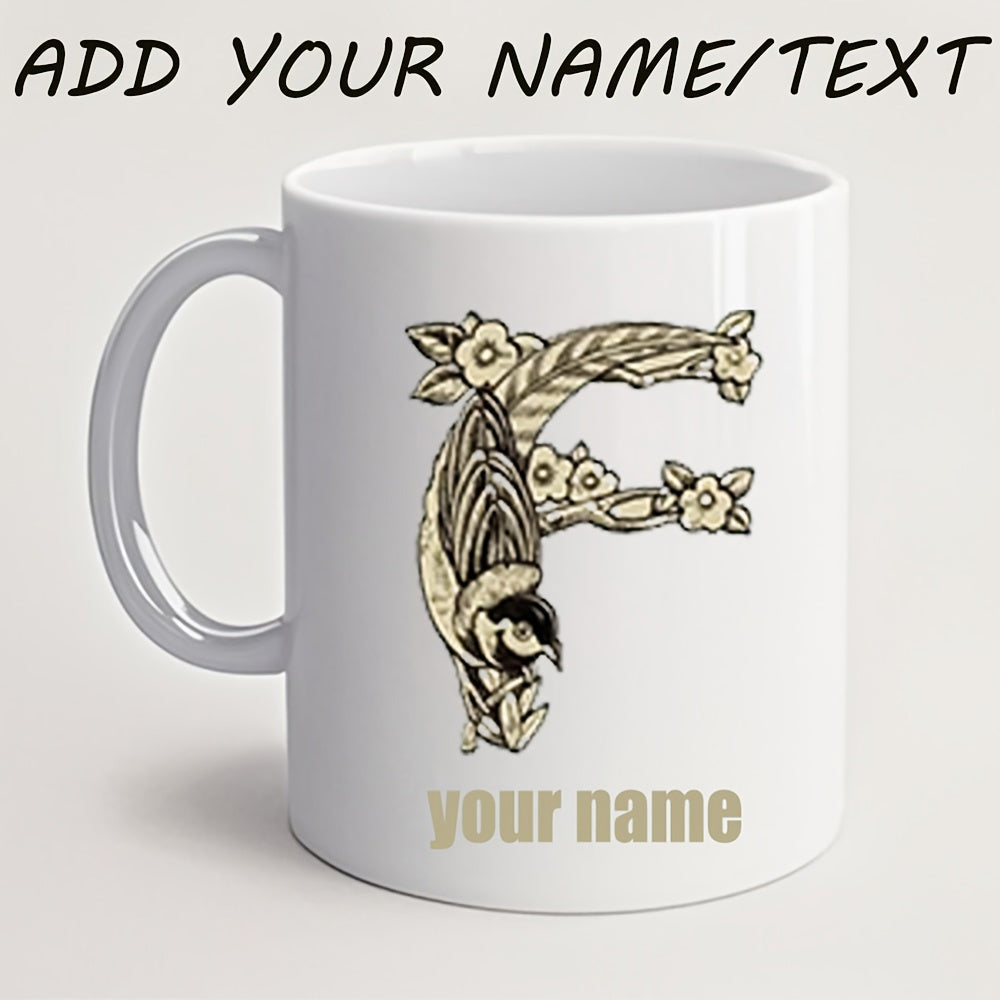 Tailorly White Ceramic 11 oz Mug - Your Name Elegant Botanical Monogram With Bird Hanging From Flowering Branch Letter