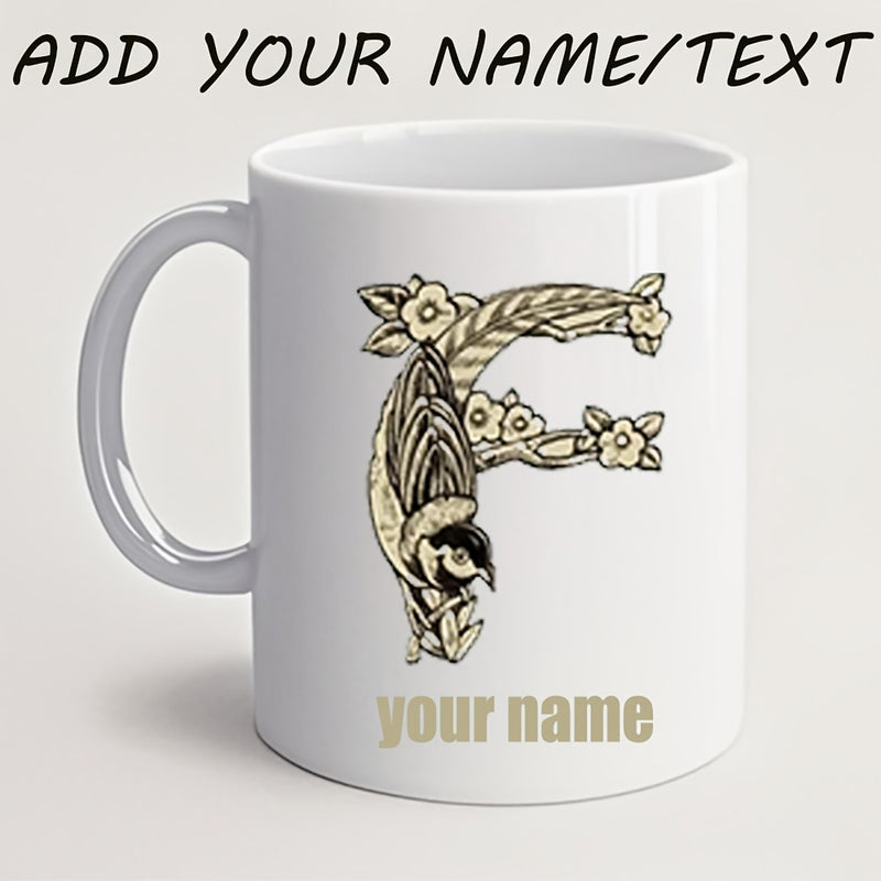 Tailorly White Ceramic 11 oz Mug - Your Name Elegant Botanical Monogram With Bird Hanging From Flowering Branch Letter