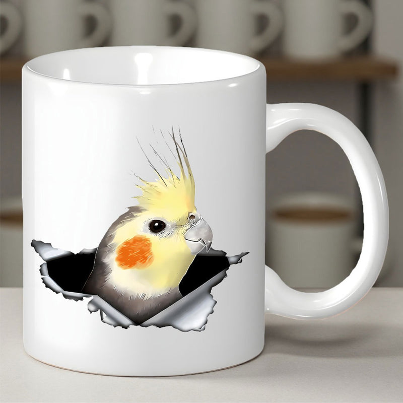Tailorly White Ceramic 11 oz Mug - Vibrant Yellow Crested Bird Peeking Out From A Ripped Hole Cockatiel