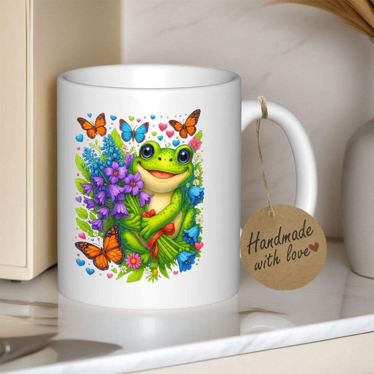 Tailorly White Ceramic 11 oz Mug - Handmade With Love Adorable Green Character Holding Purple Flowers Surrounded By Colorful Flying Butterflies Frog