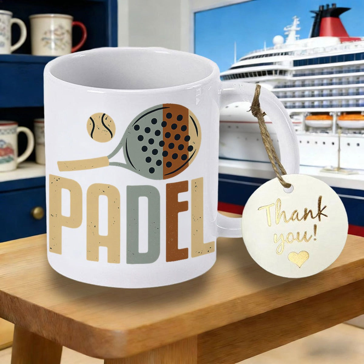 Tailorly White Ceramic 11 oz Mug - Padel Vintage Retro Sport Equipment With Ball Surrounded By Earthy Colors Racket