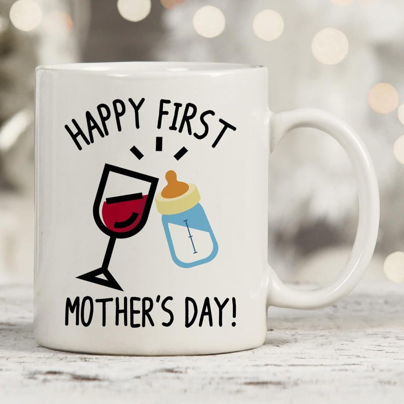 Tailorly White Ceramic 11 oz Mug - Happy First Mothers Day Toasting Wine Glass And Baby Bottle Over Festive Background Mug