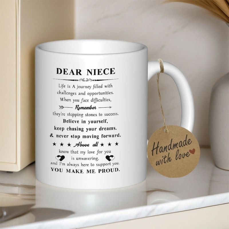 Tailorly White Ceramic 11 oz Mug - Dear Niece You Make Me Proud Minimalist Black Text With Decorative Stars And Hearts Mug