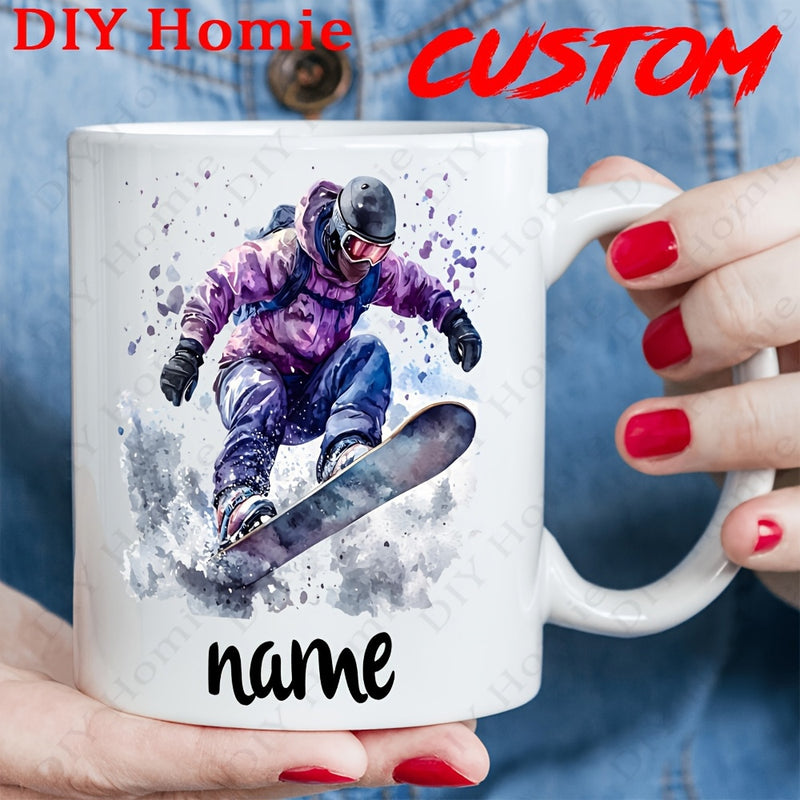 Tailorly White Ceramic 11 oz Mug - Custom Name Dynamic Action Pose Catching Air Amidst Splashing Artistic Watercolor Winter Snow Snowboarder