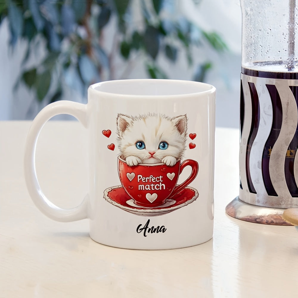 Tailorly White Ceramic 11 oz Mug - Perfect Match Anna Adorable Fluffy White Animal Peeking From Within Red Heart Teacup Kitten