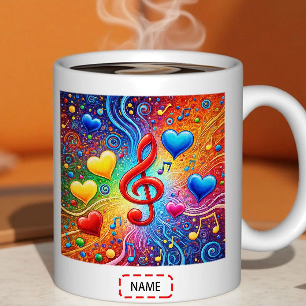 Tailorly White Ceramic 11 oz Mug - Name Colorful Abstract Swirls With Vibrant Musical Notes And Hearts Clef