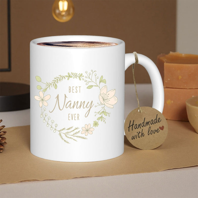 Tailorly White Ceramic 11 oz Mug - Best Nanny Ever Hand Drawn Circular Pattern With Elegant Green Leaves And Flowers Wreath