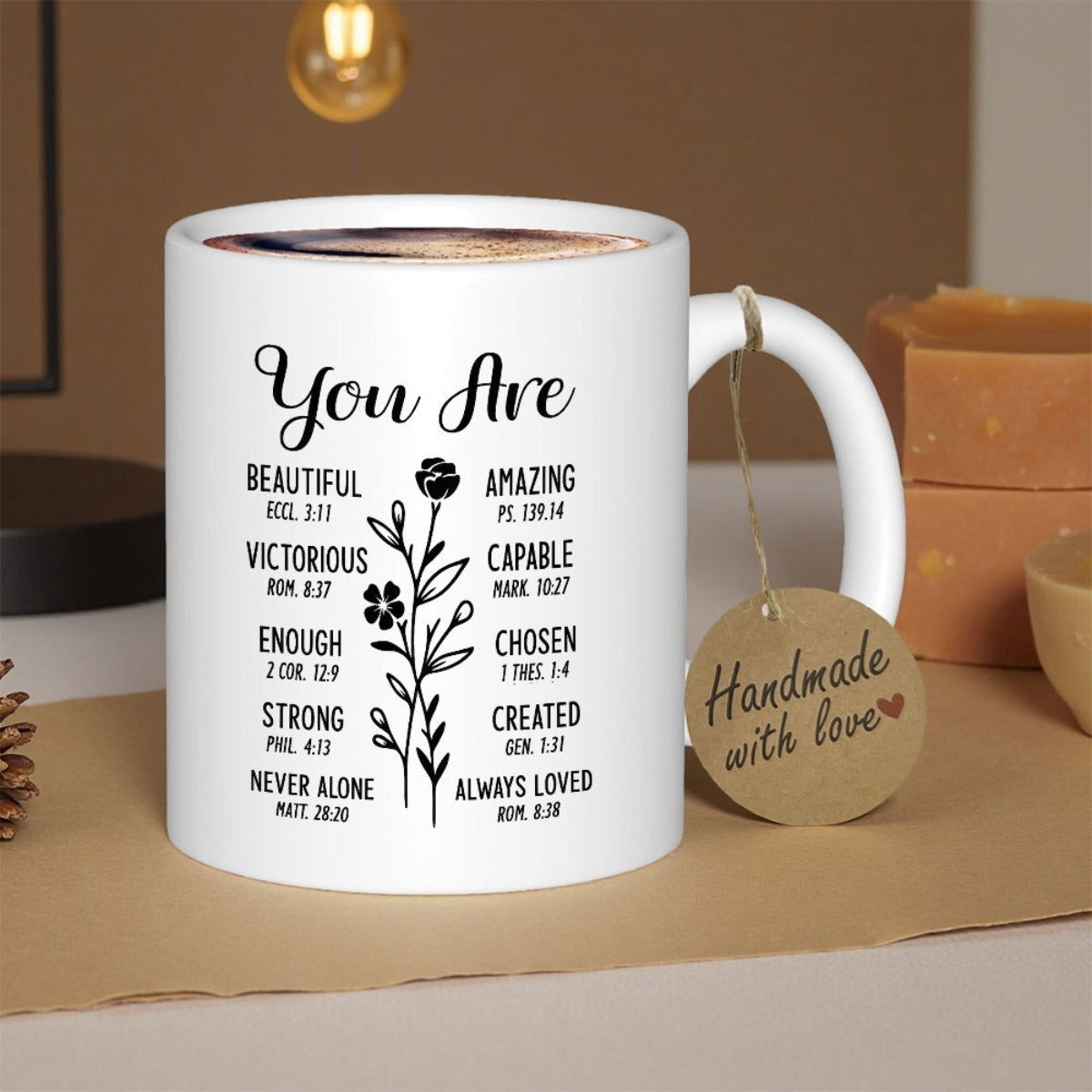 Tailorly White Ceramic 11 oz Mug - You Are Beautiful Victorious Enough Strong Never Alone Amazing Capable Chosen Created Always Loved Minimalist Black Line Drawing