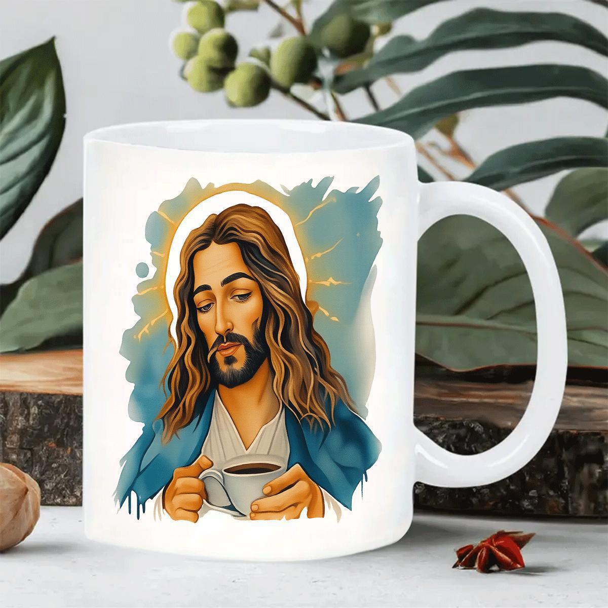 Tailorly White Ceramic 11 oz Mug - Graceful Watercolor Illustration Showing Sacred Figure Sipping Warm Morning Coffee Jesus