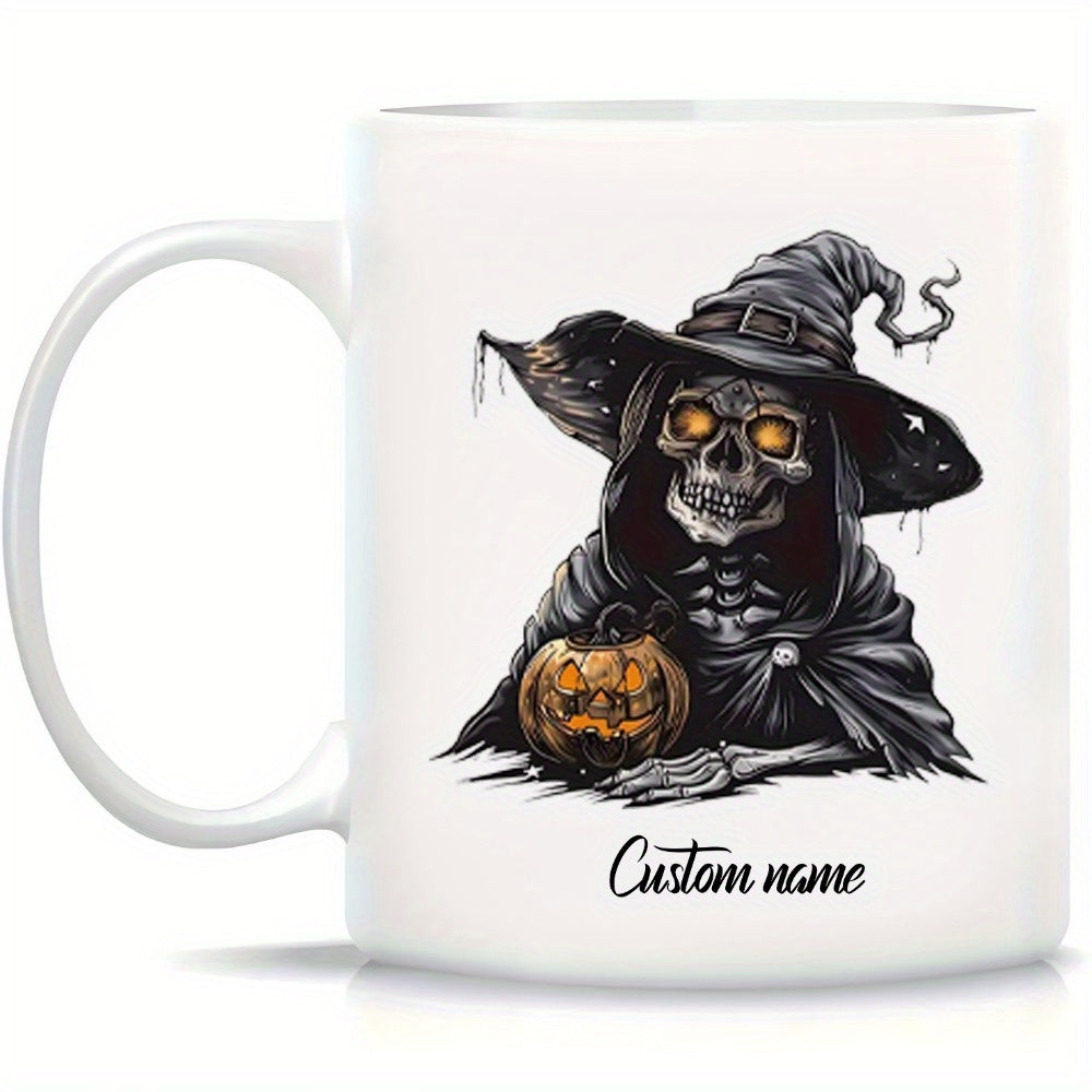 Tailorly White Ceramic 11 oz Mug - Custom Name Spooky Halloween Figure Wearing Dark Tattered Wizard Hat Holding Carved Pumpkin Skeleton
