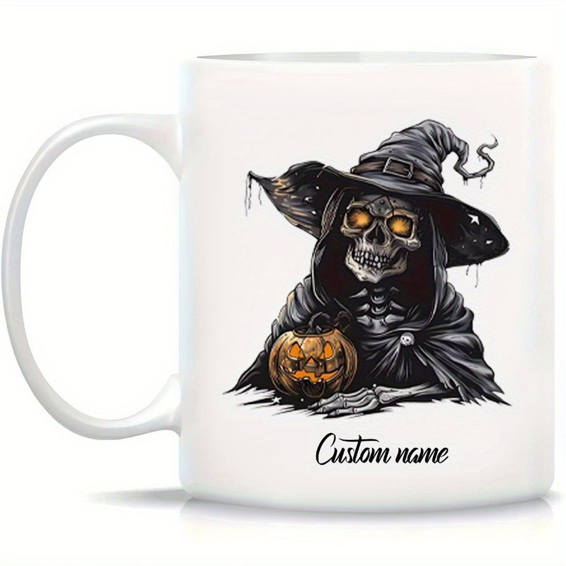 Tailorly White Ceramic 11 oz Mug - Custom Name Spooky Halloween Figure Wearing Dark Tattered Wizard Hat Holding Carved Pumpkin Skeleton