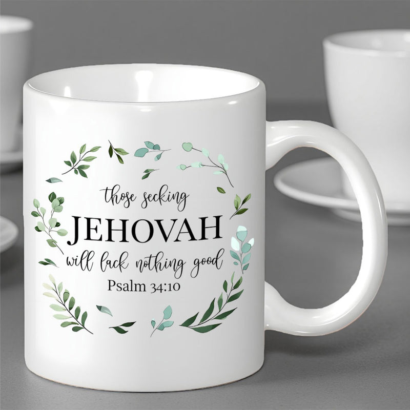 Tailorly White Ceramic 11 oz Mug - Those Seeking Jehovah Will Lack Nothing Good Psalm 34 10 Circular Green Watercolor Wreath With Delicate Leaves And Soft Natural