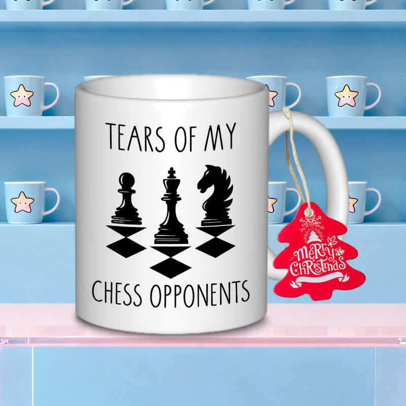 Tailorly White Ceramic 11 oz Mug - Tears Of My Chess Opponents Classic Black Silhouettes Of Pawn King And Knight Pieces