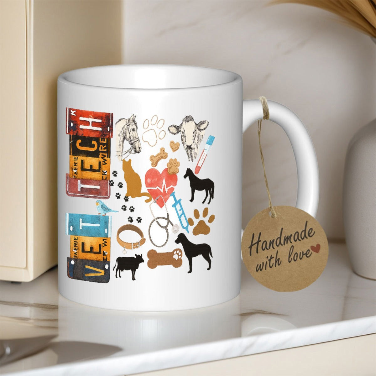Tailorly White Ceramic 11 oz Mug - Vet Tech Artistic Medical Heart With Stethoscope And Hand Drawn Animal Silhouettes Illustration