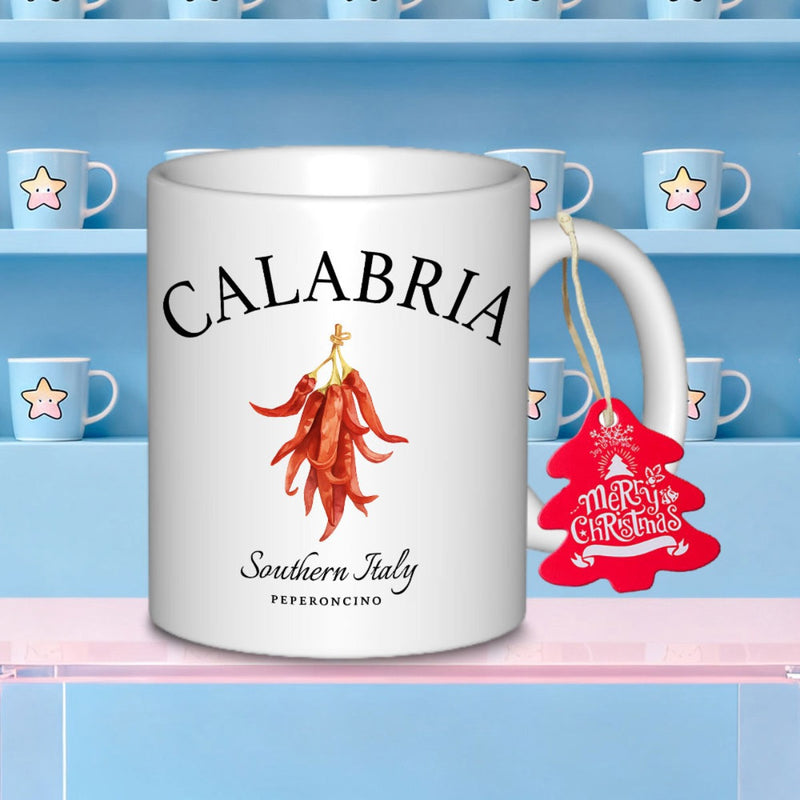 Tailorly White Ceramic 11 oz Mug - Calabria Southern Italy Peperoncino Vibrant Red Chili Peppers Hanging Together In A Traditional Italian Style Chili