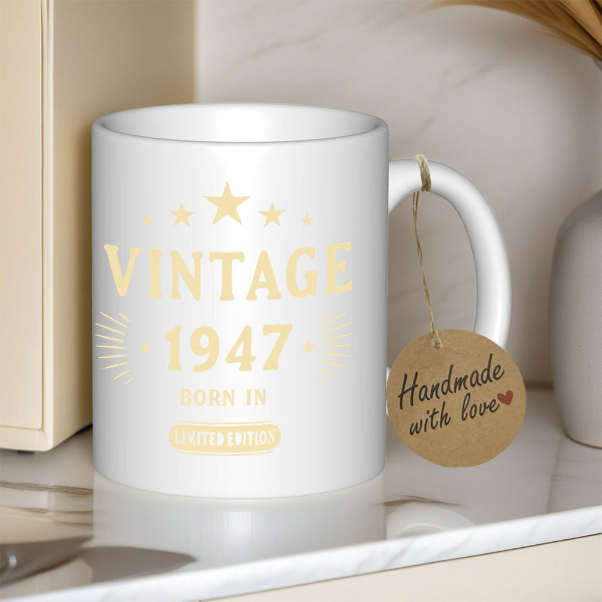 Tailorly White Ceramic 11 oz Mug - Vintage 1947 Born In Glimmering Golden Stars Arranged Above Decorative Retro Sunburst Light Rays Emblem