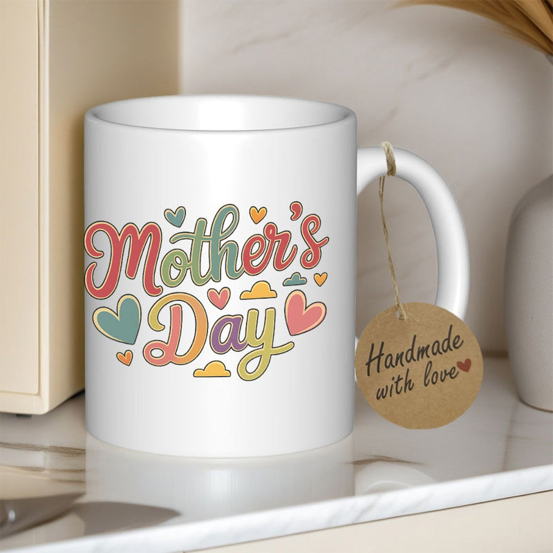 Tailorly White Ceramic 11 oz Mug - Mother's Day Retro Decorative Lettering Featuring Small Pastel Hearts And Clouds Heart
